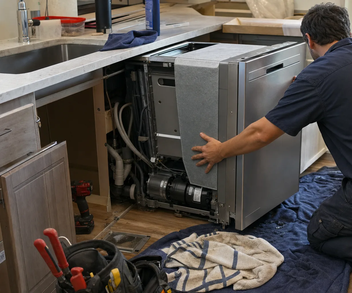 Technician servicing a built-in dishwasher up close