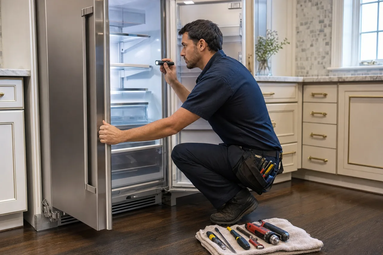 Technician repairing a built-in refrigerator mid-repair