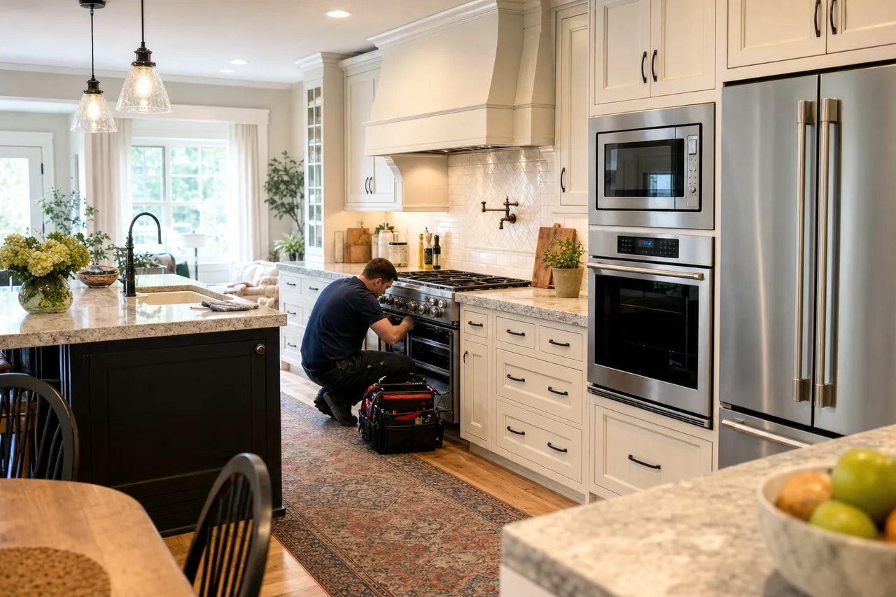 A technician servicing a professional Viking-style range in a Norwalk kitchen