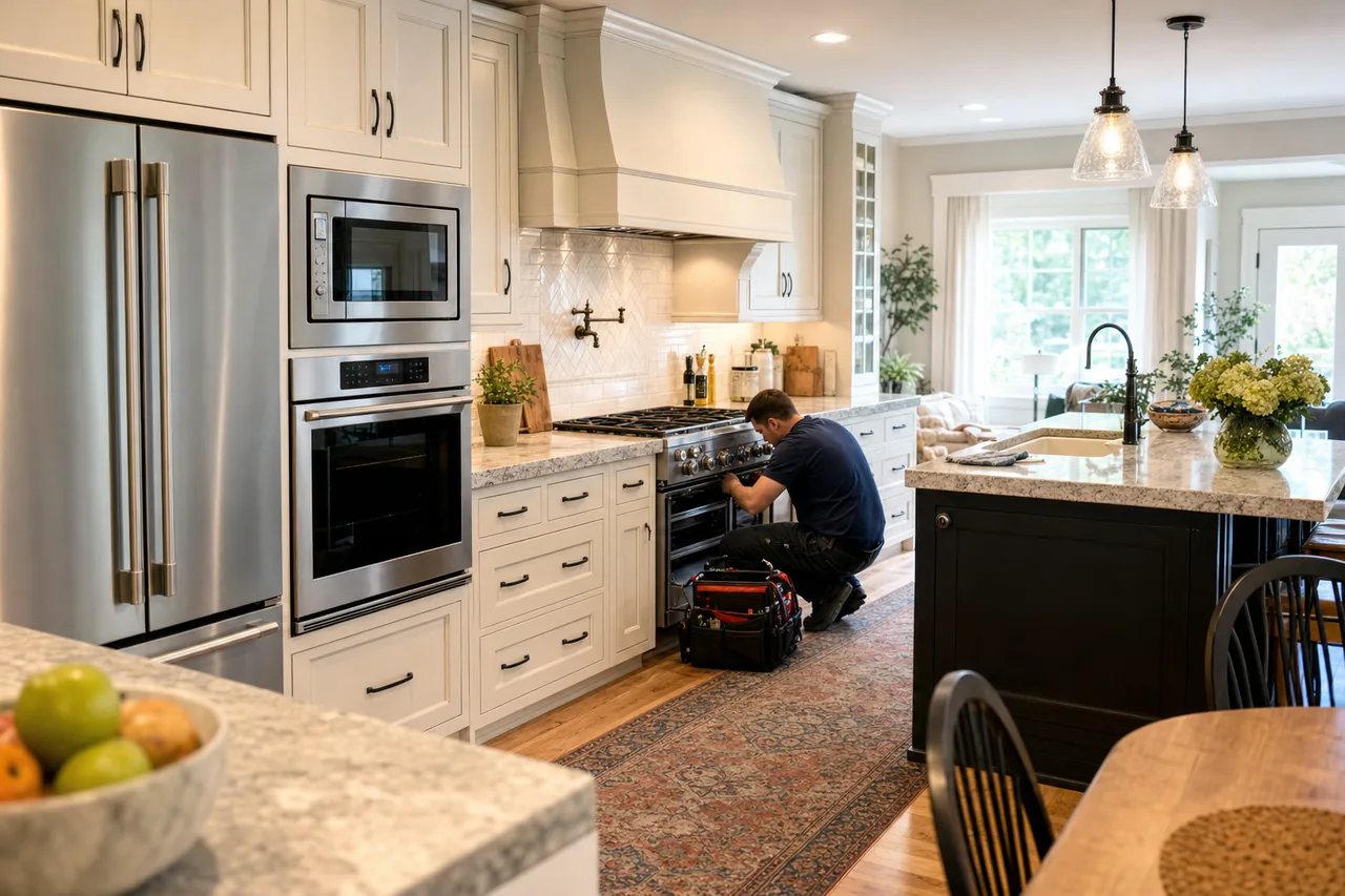 A luxury kitchen with built-in stainless appliances in a Norwalk kitchen